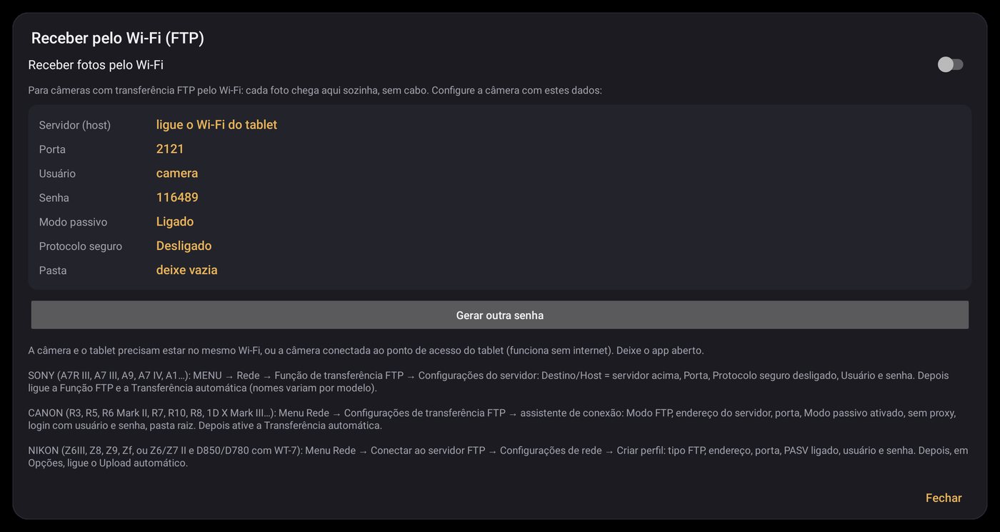 Tela do Revela com os dados de servidor, porta, usuário e senha para configurar o FTP na câmera